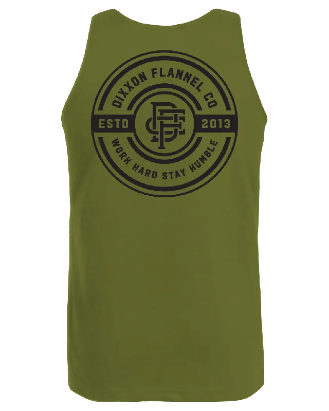 New Deals Black Work Hard Badge Tank - O.D. Green