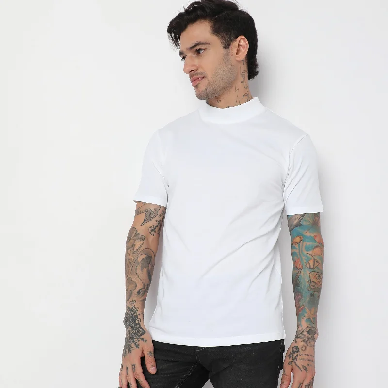 Weekend Discounts to Enjoy Cotton with E-fast® Stretch High Neck Slim Fit Solid T-Shirt